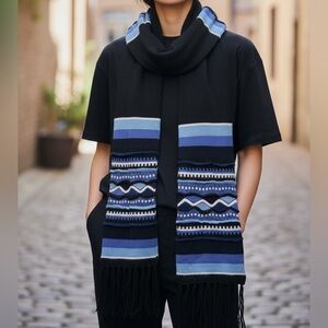 Peruvian 100% Baby Alpaca Black and Blue Striped Long Winter Scarf Fringe B8